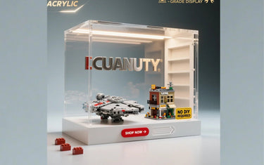 Clear acrylic museum-grade display case with LEGO Millennium Falcon and modular building model inside