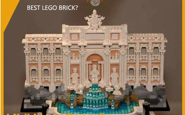 Intricate LEGO model of a classical building with statues and a flowing water fountain