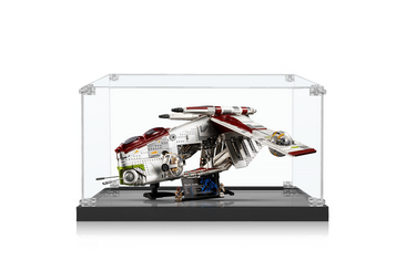 Star Wars LEGO Republic Gunship model displayed in clear protective case on black base