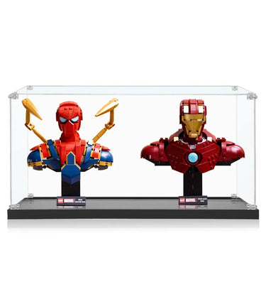 LEGO Marvel Spider-Man and Iron Man busts displayed in a clear acrylic case on black base