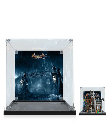 LEGO Batman Arkham Asylum set displayed in clear protective cases with dark blue Arkham Asylum backdrop