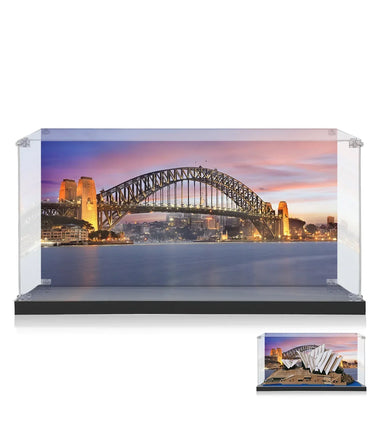 Clear display case with Sydney Harbour Bridge sunset backdrop and model of Sydney Opera House
