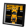 Framed LEGO model of yellow Porsche 911 GT3 RS on black background with text highlights