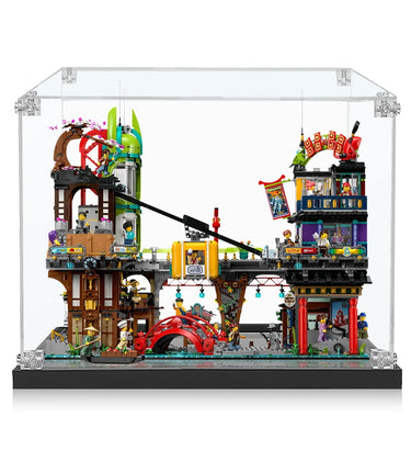 Lego cityscape diorama with bridge, red arch, buildings, and multiple minifigures in clear display case