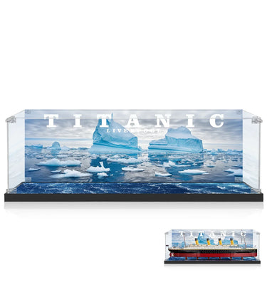 Titanic Liverpool model in clear acrylic display case with iceberg ocean backdrop