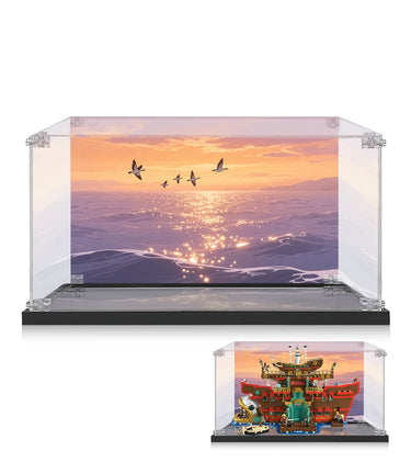 Clear display case with sunset ocean backdrop featuring flying birds, shown with Lego pirate ship inside