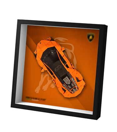 Lego orange Lamborghini model car in black frame with orange background and Lamborghini logo