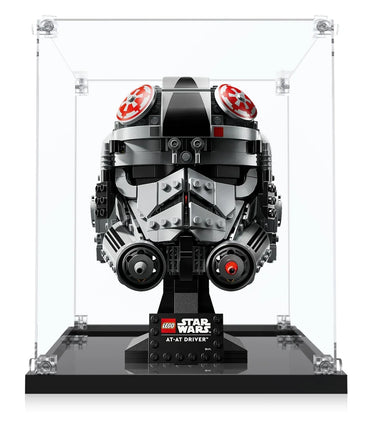 LEGO Star Wars AT-AT Driver helmet model displayed in clear protective case on black stand