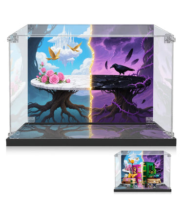 Dual fantasy scene with floating marble platform bearing roses and golden birds on blue side, cracked platform with raven and purple thorns on dark side inside clear protective display case