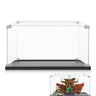 Clear acrylic display case with black base for showcasing collectibles and models