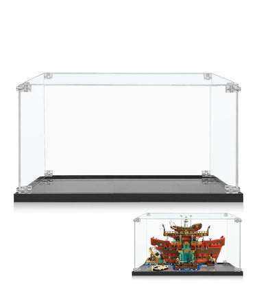 Clear acrylic display case with black base for showcasing collectibles and models