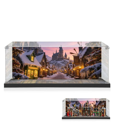 LEGO Harry Potter winter village with snowy snow-covered shops, Christmas lights, and Hogwarts castle backdrop