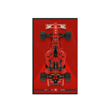 Top view of red LEGO Formula 1 race car model on red background with racing graphics