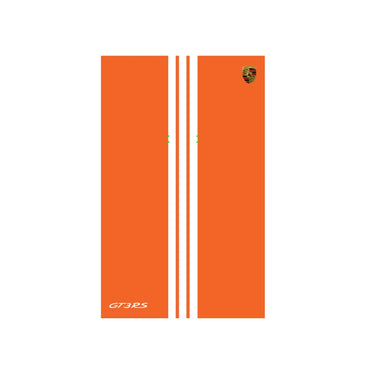 Orange Porsche GT3RS car hood decal with white triple racing stripes and Porsche logo