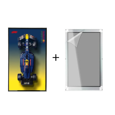 Framed blue and yellow LEGO Formula 1 car model art with clear acrylic wall mount protector