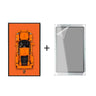 Top view of orange Porsche sports car Lego model on orange background with clear framed poster