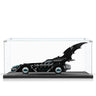LEGO Batmobile model with iconic bat wings in clear display case on black base