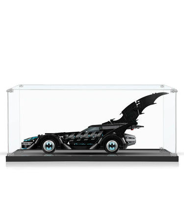 LEGO Batmobile model with iconic bat wings in clear display case on black base