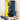 Wall-mounted blue and yellow Lego Formula 1 car model with two Lego classic car models on table
