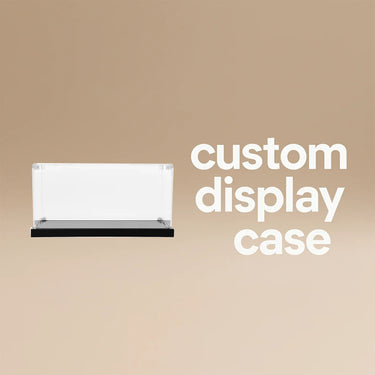 Clear custom display case with black base on beige background and white text