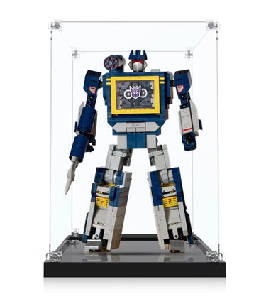 LEGO Transformer Soundwave figure in blue and gray, displayed in clear acrylic case on black base