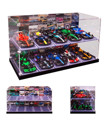 Clear acrylic display case with two tiers showcasing 12 detailed miniature Formula 1 cars on race track slots