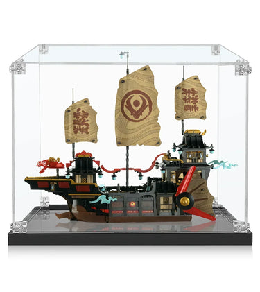 Display case with detailed LEGO Ninjago pirate ship model featuring sails and red propeller