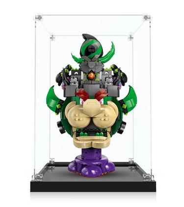 LEGO Bowser bust in green, tan, purple colors displayed in clear acrylic case