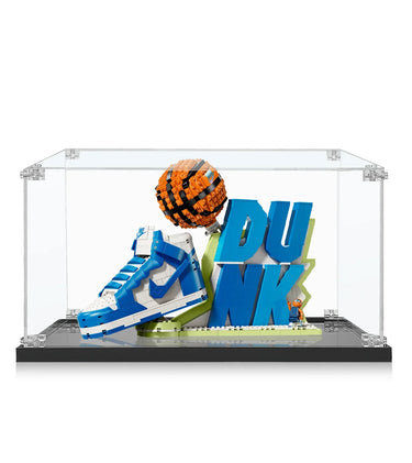 LEGO set of blue and white Nike Dunk sneaker with basketball and DUNK text in clear display case