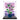 LEGO model of a purple flower plant in a blue pot displayed in a transparent protective case with mountain backdrop