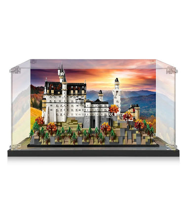 Detailed LEGO model of Neuschwanstein Castle in clear display case with autumn forest backdrop