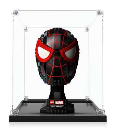 LEGO Marvel Miles Morales Spider-Man mask model displayed in clear protective case