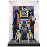 Transformers Soundwave action figure in clear display case with fiery battle background
