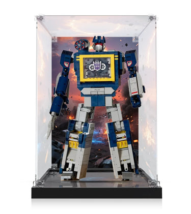 Transformers Soundwave action figure in clear display case with fiery battle background