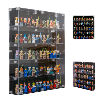 Clear acrylic display case with five shelves holding diverse LEGO minifigure collection