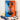 Lego orange and blue Formula 1 car mounted on blue and orange background with Lego white and blue classic cars on table