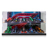 Clear acrylic display case with ten detailed 1:43 scale Formula 1 model cars on two shelves