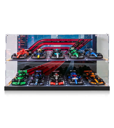 Clear acrylic display case with ten detailed 1:43 scale Formula 1 model cars on two shelves