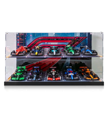Clear acrylic display case with ten detailed 1:43 scale Formula 1 model cars on two shelves