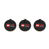 Three black circular Formula 1 Collection badges with red and white logo on white background
