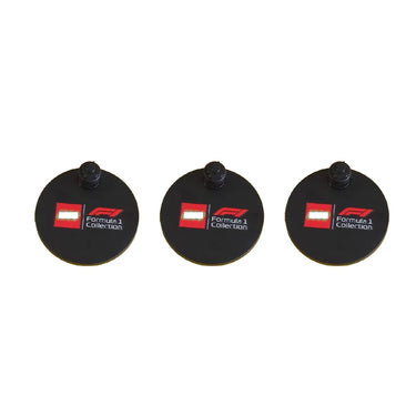 Three black circular Formula 1 Collection badges with red and white logo on white background