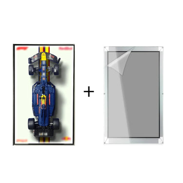 Top view of blue and yellow Formula 1 model car display in black frame with clear acrylic cover