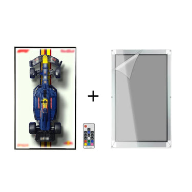 Top view of blue and yellow racing car model poster with remote and transparent protective frame