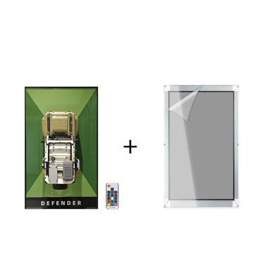 LEGO Defender model in a green display case with remote and clear protective cover