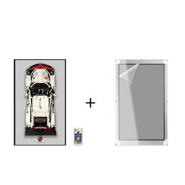 White Porsche 911 LEGO model on grey background with black frame and remote control plus transparent protective cover