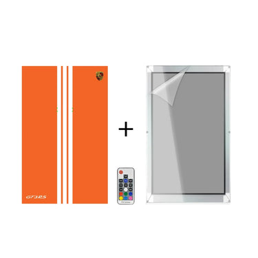 Orange Porsche GT3RS decal stickers with white racing stripes, remote control, and protective frame cover