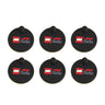 Six black circular Formula 1 Collection stand bases with logos on a white background