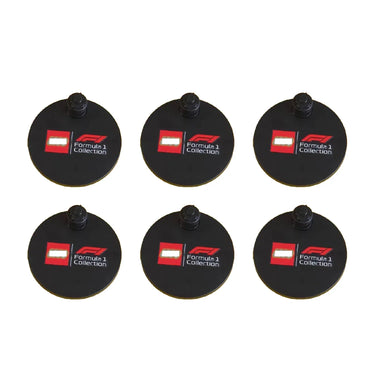 Six black circular Formula 1 Collection stand bases with logos on a white background