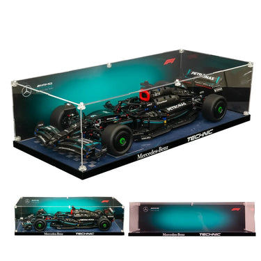 LEGO Technic Mercedes-AMG Petronas Formula One racing car model in protective display case
