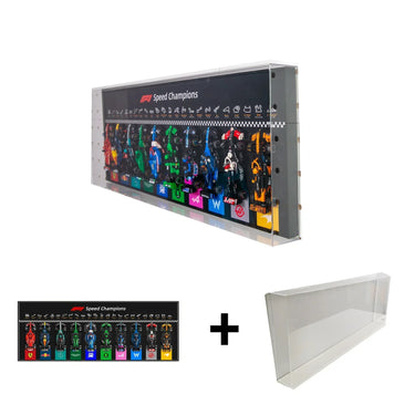 Clear display case with 2023 F1 Speed Champions Formula 1 cars and team logos on black background